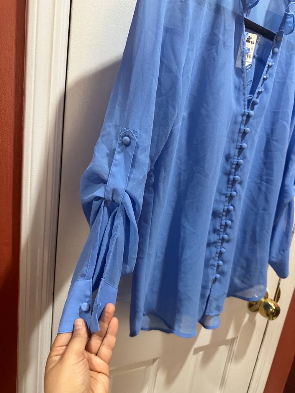 Express Blue Ruffle-Trim Button Blouse - Picture 3 of 6
